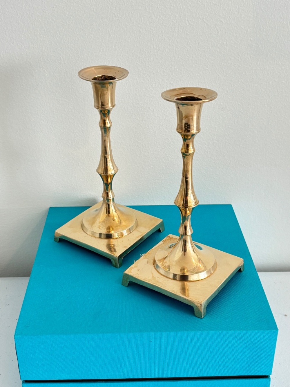 Vintage solid brass candlestick holders SET OF TWO square footed bases 6.5" tall